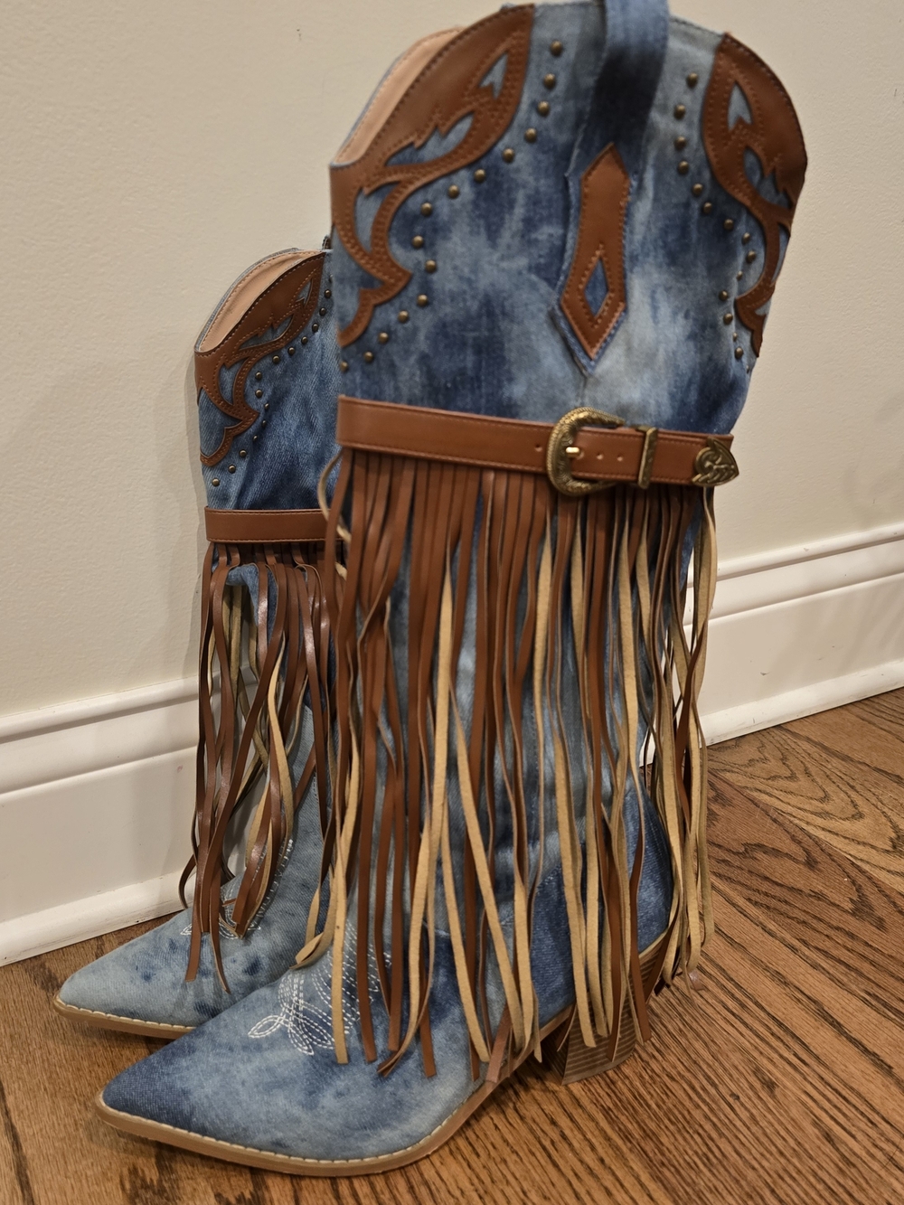 Blue Denim Fringe Western Knee Boots - Women's - Picture 4 of 11